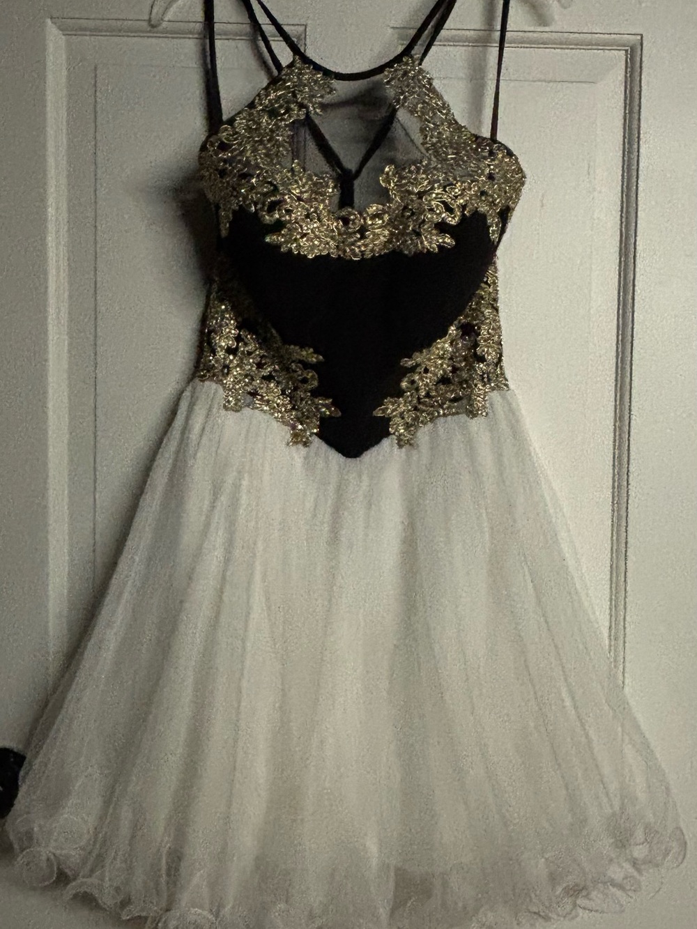 Blondie Nites Black Bodice White Tulle Dress with Gold Appliqué